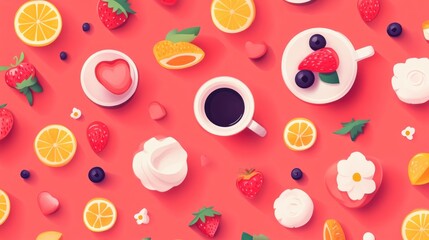 Colorful fruit and dessert flat lay