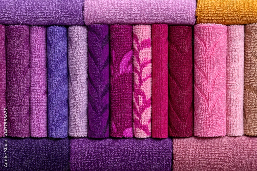 Poster a colorful array of neatly stacked and rolled towels in shades of purple, pink, and beige, creating 