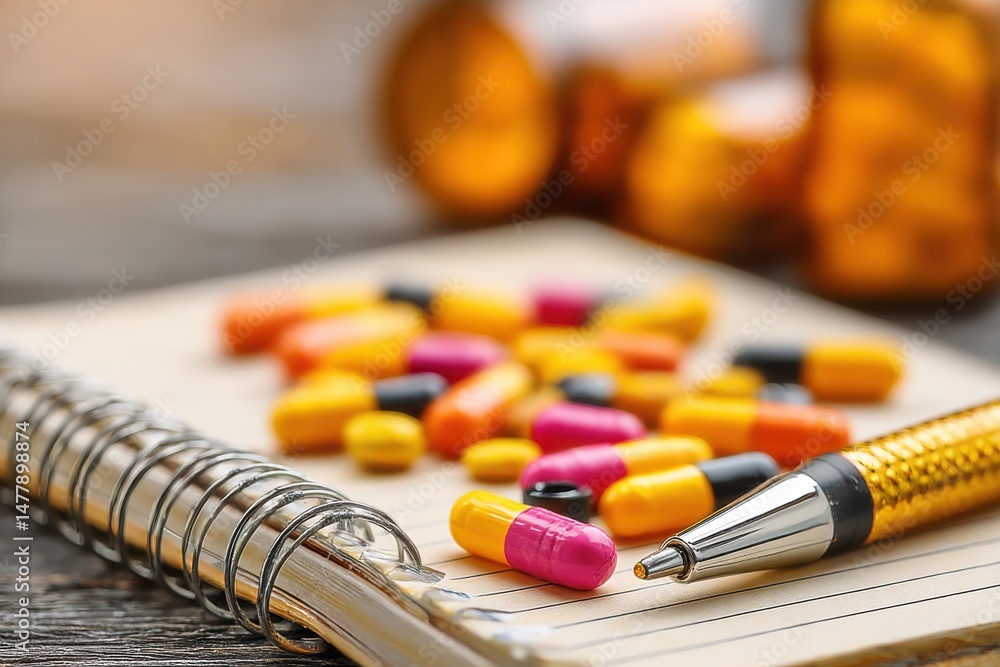 Poster close-up shot showing medication capsules scattered on a notebook with a pen placed on top, in a sof
