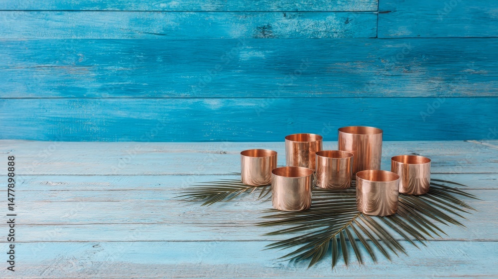 Leinwandbilder grouped copper containers and overlapping palm leaves create a serene arrangement on a flat wooden s