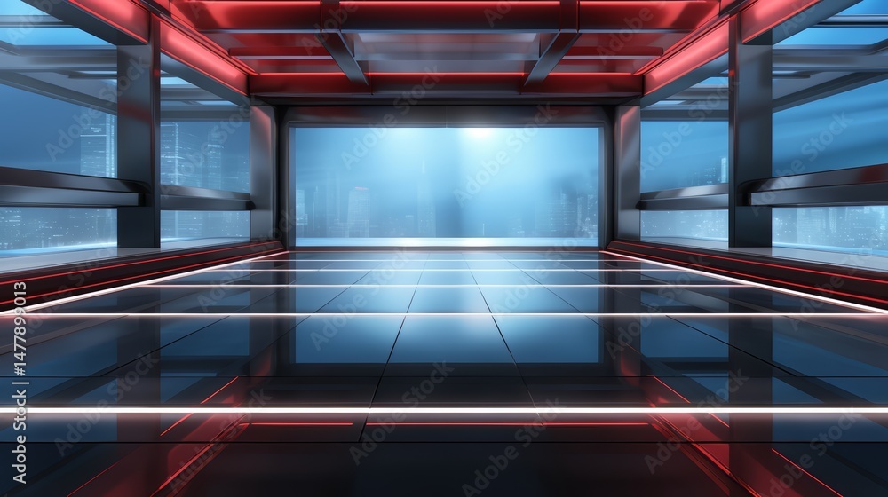 Poster large, empty room with a window and a city view. the room is illuminated with red and blue lights, c