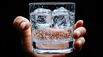 Refreshing Sparkling Water in Glass Close up Hand Holding Ice Cubes Bubbles