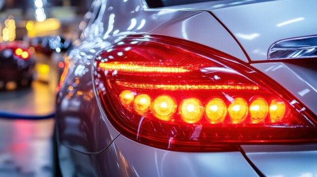 Close up view of polisher tool rotating and polishing car tail lights, car wash center, clining cars.