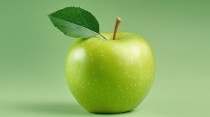 Fresh Green Apple with Leaf on Simple Green Background