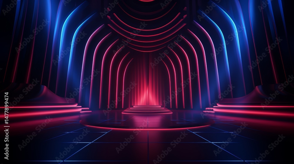 Poster large, empty room with red and blue lighting. the room is empty and has a futuristic feel to it