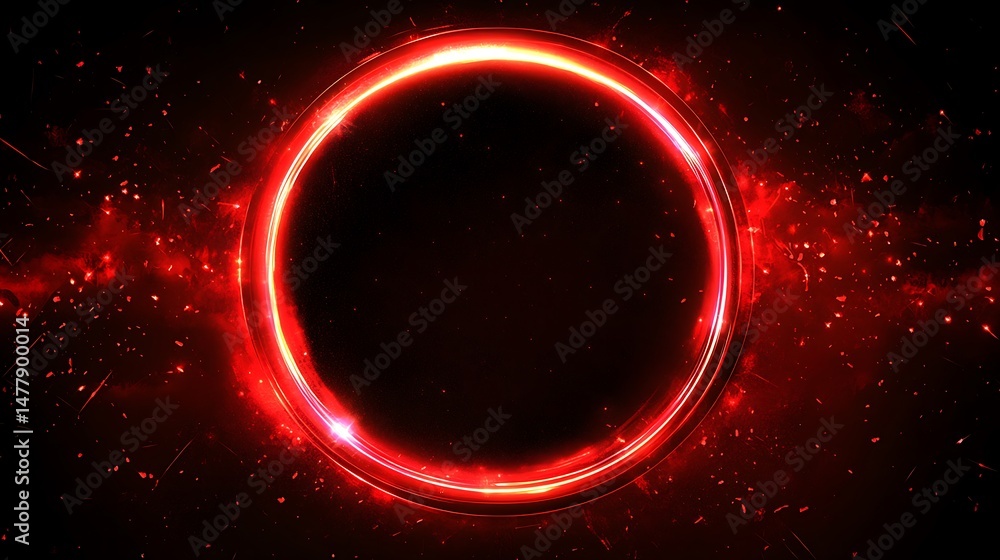 Poster abstract red circle glow ring with sparkling particles on dark background for modern design