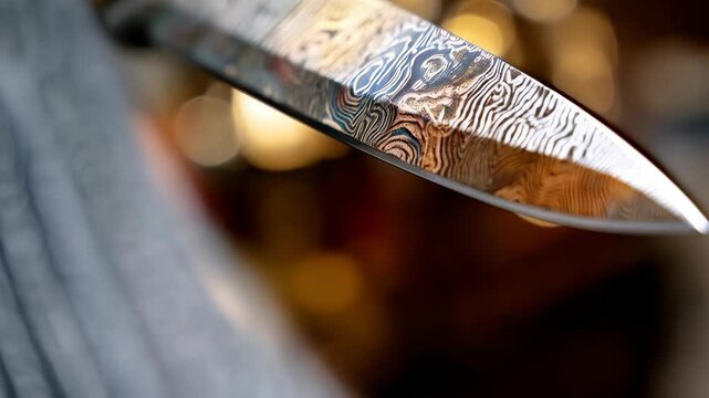 Close-up view of a folded steel knife blade, showcasing the intricate patterns and craftsmanship with a blurred golden background.