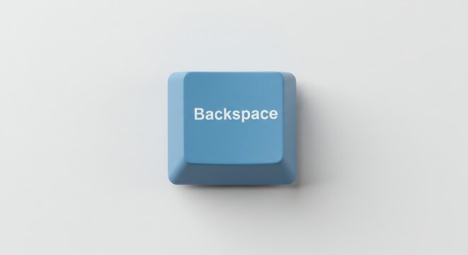 Blue Backspace key on white background, top view