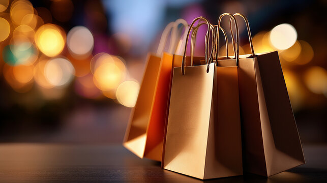 Elegante Einkaufstaschen mit unscharfen Lichtern im Hintergrund zum Shopping-Konzept