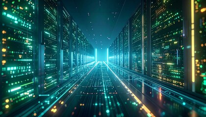 Dual rows of glowing server panels stretch into the distance, creating a glowing blue-green data corridor of the future