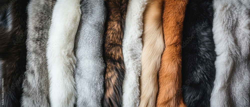 Poster close up studio shot of various colors and textures of faux fur in a row for fashion or design proje