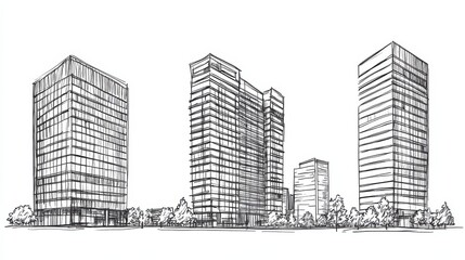 Office buildings hand drawn outline doodle icon. City downtown, business center, real estate and rent concept. Vector sketch illustration for print, web, mobile and infographics on white background. 