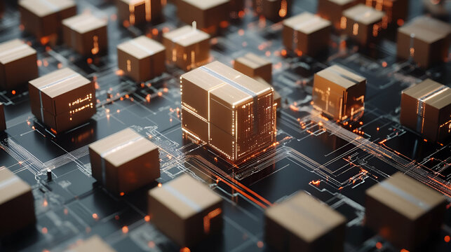 Glowing Cardboard Packages on a Circuit Board Network