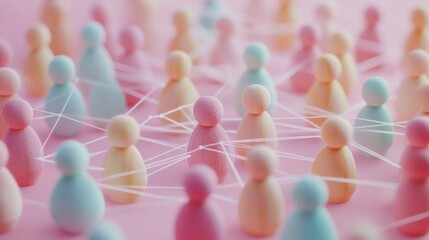 Pastel shades human resource, world wide web concept. Wooden figurines connected, recruitment management, business idea. Global social network, connection, communication, hr business strategy,