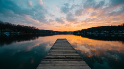 Fototapeta premium Golden hues of sunset mirror on a calm lake as a weathered dock stretches outward. Distant treetops create a soft silhouette enhancing the peaceful atmosphere