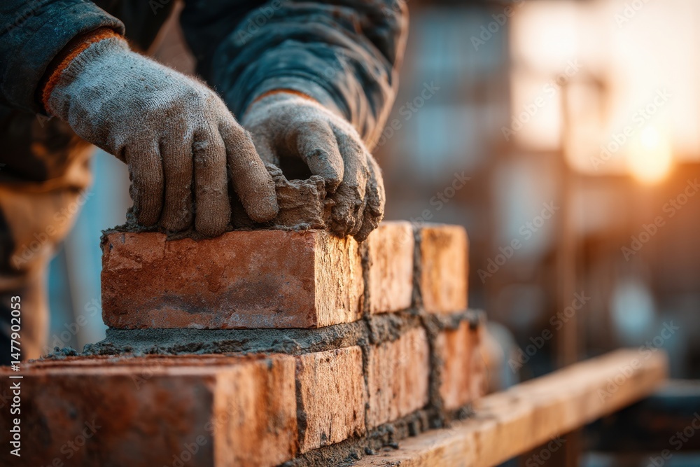 Poster a bricklayer expertly laying bricks with precision, constructing a wall, showcasing the craft of bui