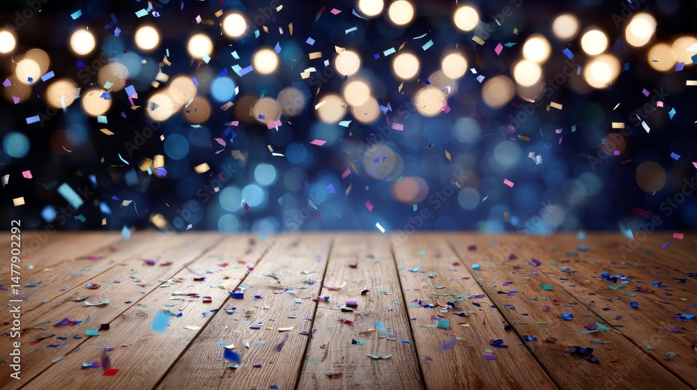 Leinwandbilder glowing string lights drape over a wooden table, while confetti sparkles in the air, creating a joyf