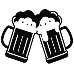 Clinking Beer Mugs Illustration, Black Silhouette Design Celebrating with Foam and Handle Detail