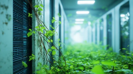 Nature reclaims a broken server room as tangled roots blend with wires, creating a poetic vision of eco-digital decay and renewal