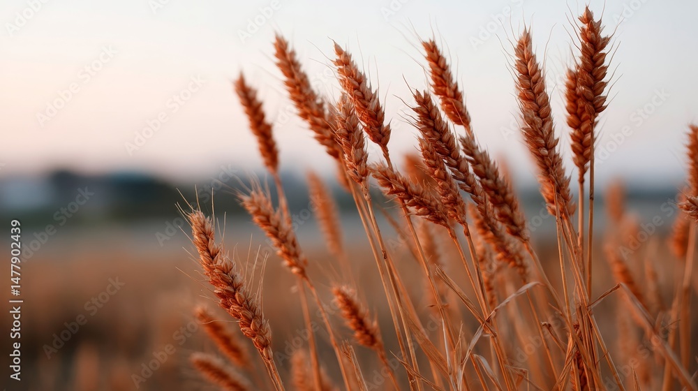 Aufkleber rows of golden wheat stalks bask in the warm orange light of sunset, creating a serene and beautiful