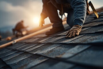Close-up of a roofer installing asphalt shingles on a residential roof during the day, worker wearing protective gloves at construction site ensures precise placement and secure attachment.