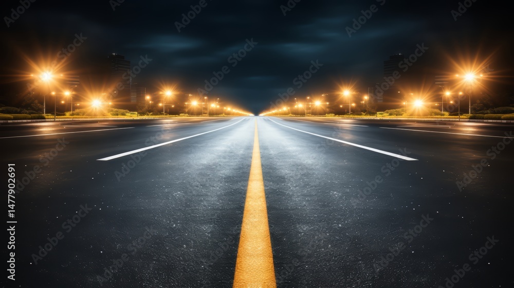 Poster long, empty road with yellow lines and street lights. the road is wet and the lights are on, creatin