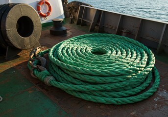 Massive green nylon ships hawser coiled on a weathered deck, ocean backdrop. Maritime scene, strength and seafaring.