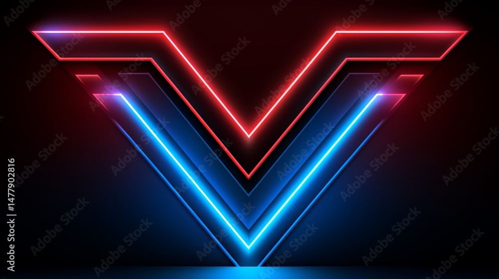 Aufkleber neon sign with a blue and red v. the sign is lit up and he is a part of a larger design