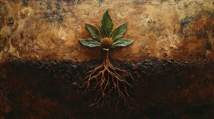 The idea of interdependence and harmony is represented by a thriving plant rooted in soil, illustrating the essential connection between land and life