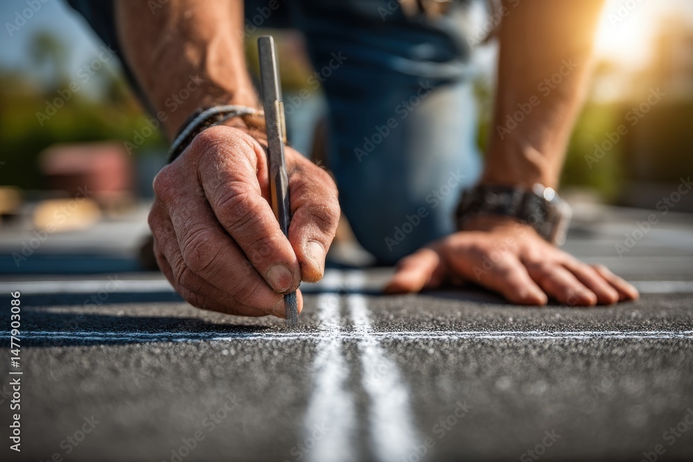 Poster a construction worker diligently marking lines with a scribe on a dark surface, showcasing precision