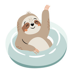 Flat vector illustration in a simple children's style. Cute sloth swimming in inflatable circle on white background . Vector illustration