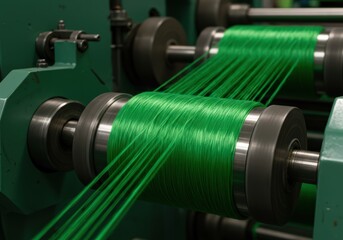 Fototapeta premium Green nylon fibers gracefully wind onto spools, a mesmerizing industrial dance of textile creation. Precise machinery guides the vibrant threads.