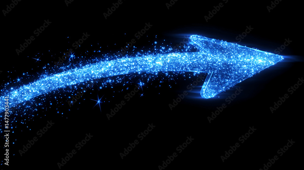 Poster sparkling arrow graphic blue light effect direction pointer motion design element on black backgroun