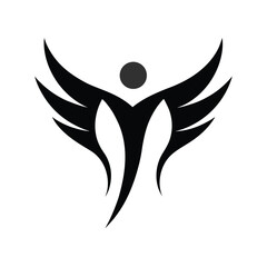 Abstract black winged human figure symbol isolated on a white background