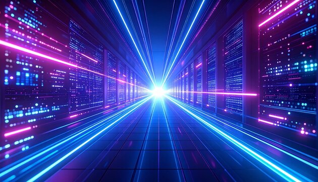Blazing blue and pink light beams race through a futuristic server tunnel, symbolizing ultra-fast data processing - Powered by Adobe