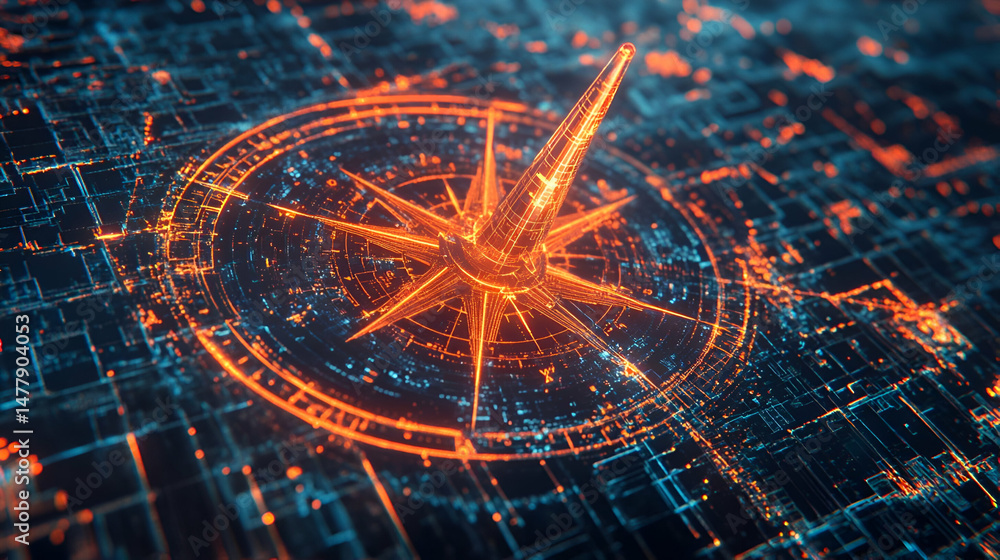 Poster glowing digital compass on circuit board background