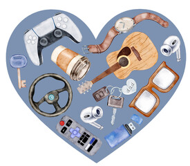 Blue heart composition filled with modern male items like watch, remote, keys, and glasses. Watercolor style for Father Day 2025, cards, or digital scrapbooks