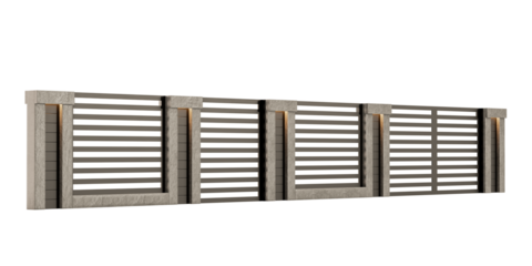 A long fence with four vertical posts and four horizontal slats