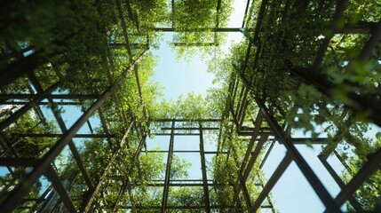 The interconnectedness between plants and architecture is visually represented through climbing vines on a trellis, symbolizing unity and harmony