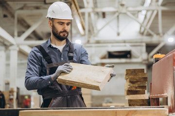 Carpenter working with wood plank in timber factory for modular building