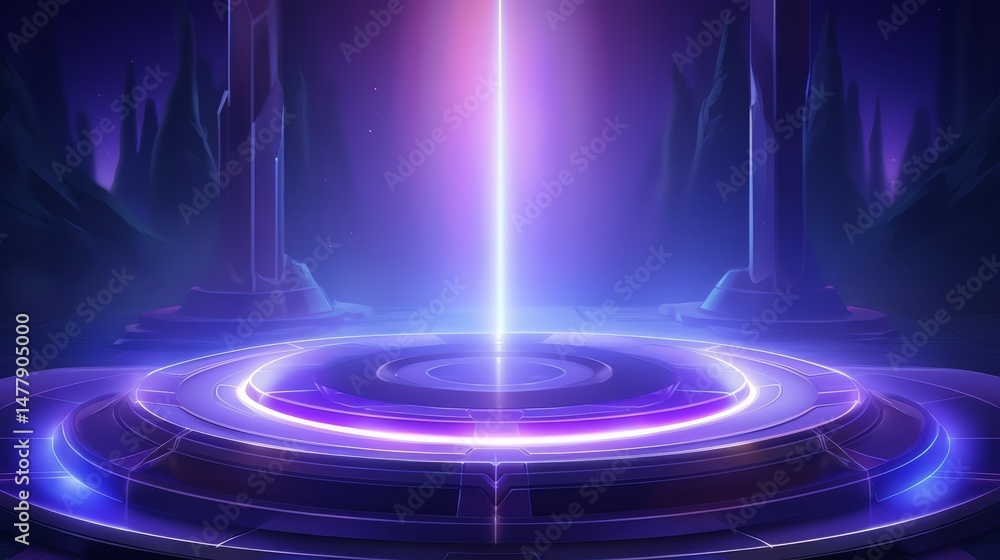 Poster purple and blue background with a glowing light in the center. the light is surrounded by a circle o