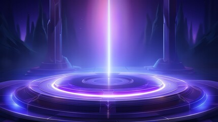 Purple and blue background with a glowing light in the center. The light is surrounded by a circle of blue and purple. The scene is set in a futuristic environment with a sense of mystery