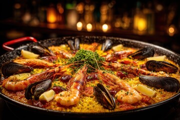 A delectable Spanish seafood paella with shrimp, mussels, lemon, and rice, beautifully plated and ready to be served in a fancy restaurant with warm lights.