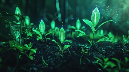 Glowing plants in a dark, moist, forest floor show leaves with bright bioluminescent veins