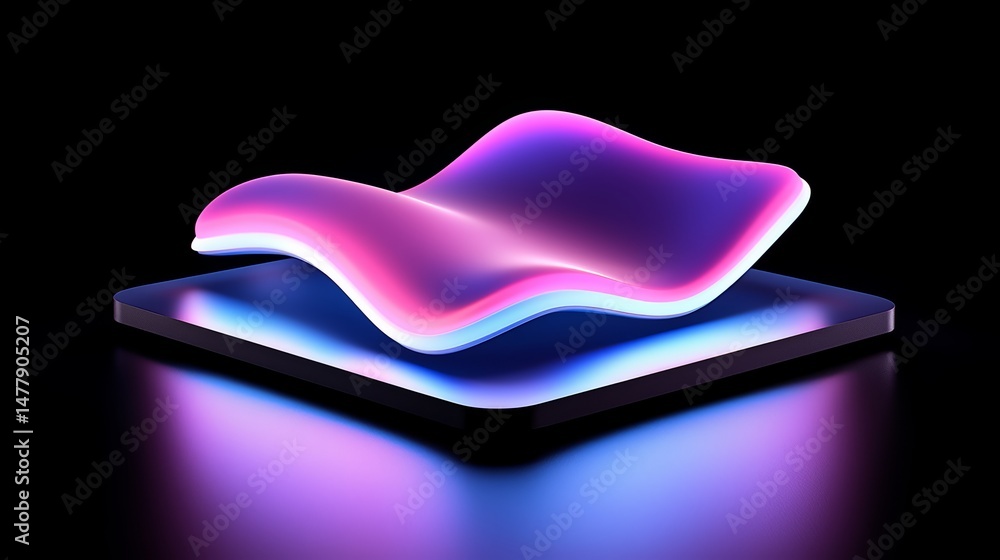 Fototapete Purple and blue object is on a black background. The object is a piece of art that is illuminated and has a wave-like shape. The colors and shape of the object create a sense of movement