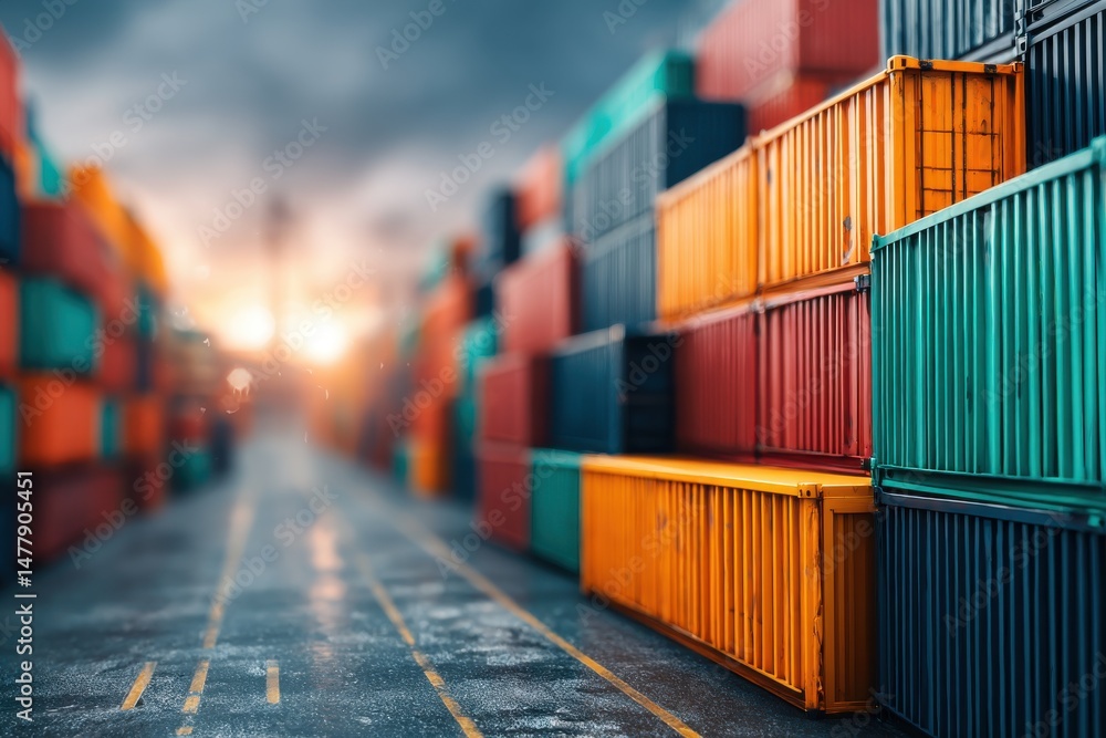 Poster rows of colorful shipping containers stacked at a port, illuminated by the setting sun, creating a v