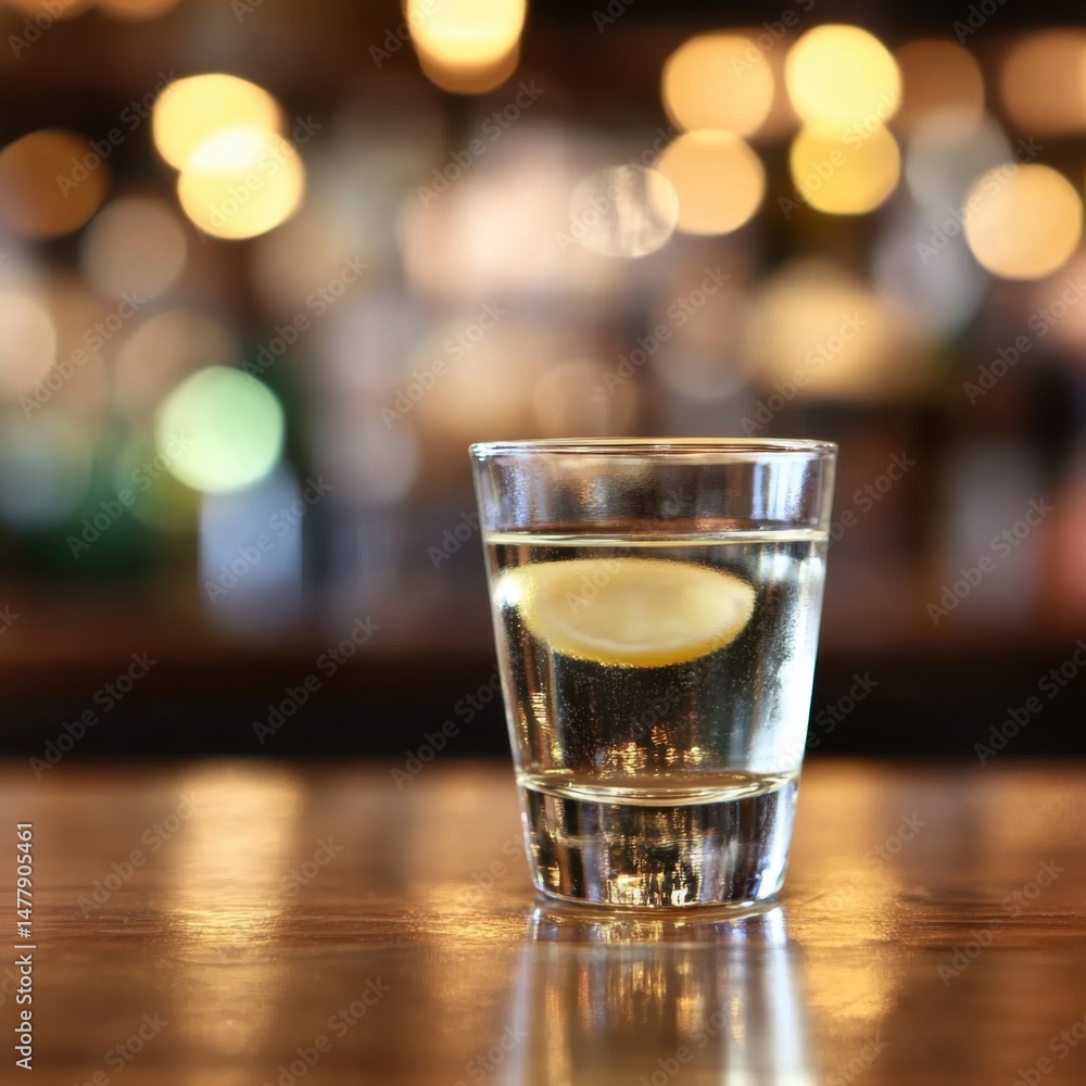 Poster close up of a clear alcoholic beverage in a glass with a lemon slice on a bar top with bokeh backgro