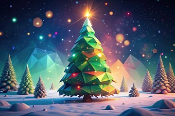 Panoramic Low Poly Christmas Tree, Festive Holiday Background, Winter Wonderland Scene, Geometric Xmas Tree