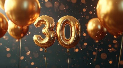 Golden Balloon Number 30, 3D Render, Celebration, Party