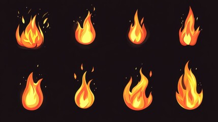 Cartoon fire flame. Fires comic images, bonfire flaming ignition, evil hell blaze. Hot temperature and fever icons flat set illustration , no logos, no brands